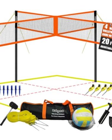 4-Way Badminton Net Combo Game Set - 20ft x20ft Adjustable Height Four Square Game net for Backyard and Beach, Coming with Soft Volleyball, Rubber Hammer with Carry Bag