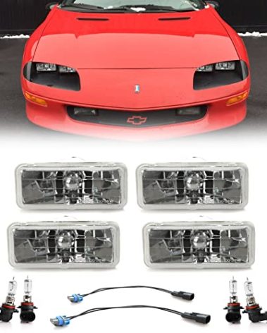 USR H4351 / H4352 Sealed Beam Headlights - Low + High Beam 2" x 5" Seal Beam Conversion Head Lamps Compatible with 1993-1997 Chevrolet Camaro (Euro Crystal Style 4 Pieces, with Bulbs and Wire Adapter)