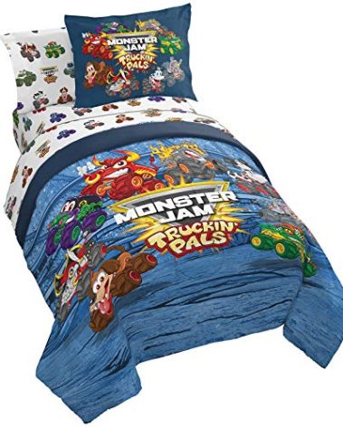 Monster Jam Truckin Pals 5 Piece Twin Bed Set - Includes Comforter & Sheet Set - Bedding Features Grave Digger & Megalodon - Super Soft Fade Resistant Microfiber (Official Monster Jam Product)