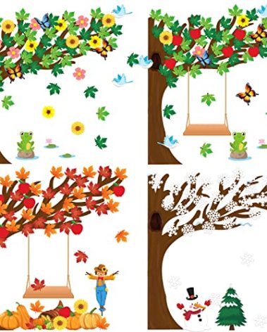 MALLMALL6 198Pcs Classroom Tree Bulletin Board Decor Seasonal Tree Summer Autumn Winter Spring Cutouts Border Set Four Seasons Chalkboard Wall Decorations for Kindergarten Elementary School Home