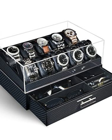KAMIER Watch Box, 10 Slots Mens Watch Case with Glass Lid, Watch Display Case With Drawer, Removable Watch Pillows Watch Holder Organizer, Jewelry and Watch Storage for Men Women, Carbon Fiber