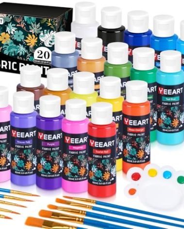Fabric Paint, Yeeart 20 Colors Permanent Soft Fabric Paint Set for Clothes in Bottles (60ml/2oz) with 10 Brushes, Palette, Non-Toxic Textile Paint Art Supplies for Clothes, Canvas, T-Shirts, Jeans, Bags & Art Crafts