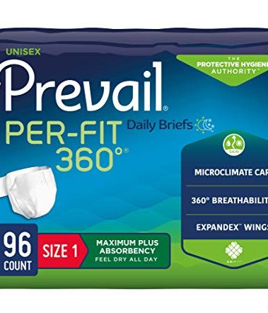 Prevail Per-Fit 360 Daily Incontinence Briefs, Unisex Adult Incontinence Briefs with Tabs, Maximum Plus Absorbency, Size 1, 80 Count (4 Packs of 20)