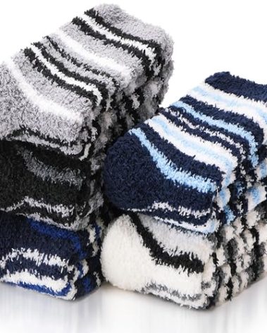 EBMORE Fuzzy Socks - Men & Women's Fluffy Warm Winter Thick Cozy Slipper Cabin Soft Stocking Stuffers Socks (Dark Stripes)