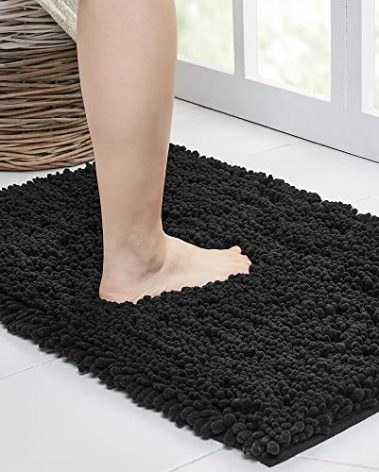 Walensee Large Bathroom Rug Non Slip Bath Mat (24x60 Inch Black) Water Absorbent Super Soft Shaggy Chenille Machine Washable Dry Extra Thick Perfect Absorbant Best Plush Carpet for Shower Floor