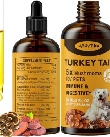 Turkey Tail Mushroom for Dogs - Faster Absorption 2000mg Turkey Tail Mushroom for Immune & Digestive, Joint, Energy, 5X Mushrooms for Pet Drop with Turmeric & Probiotic - Vet Formulated, 90 ML/3FL.oz