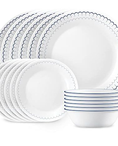 Corelle 18-Piece Dinnerware Set Service for 6, Lightweight Round Plates and Bowls Set, Vitrelle Triple Layer Glass, Chip Resistant, Microwave and Dishwasher Safe, Caspian