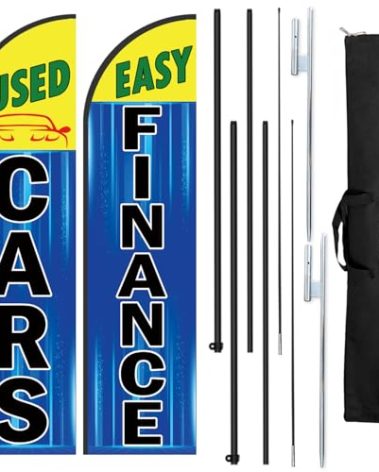 Used Cars Flag and Easy Finance Advertising Flags for Used Cars Sale Business,Second-hand Car Auto Dealer Feather Flag Pole Kit with Ground Stake