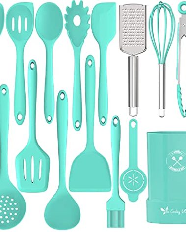 Silicone Kitchen Utensils Set, 16-Piece Silicone Cooking Utensils by Deedro, Heat Resistant Kitchen Tools Set with Holder, Nonstick Spatula Kitchen Gadgets for Cooking & Baking, Green