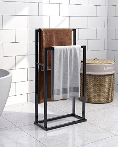 BOFENG 2-Tier Freestanding Black Towel Rack Steel Metal Towel Bar Holder,Modern 2 Bars Ladder Rust-Resistant Drying Rails,Bathroom Accessories Organizer for Hand Towels,Kitchen Cloth