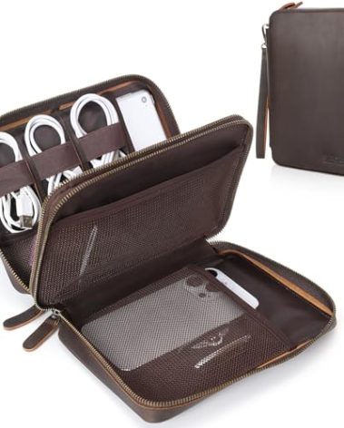 Polare Full Grain Leather Travel Cable Organizer Case Double Layer Electronics Accessories Carry Bag with YKK Zippers Tech Storage Bag for Cables, Power Bank, USB, SD Card
