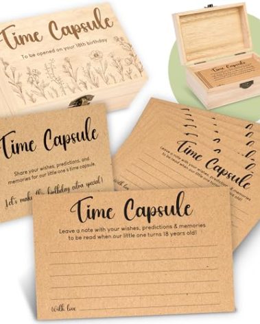 WOODAMORE Baby Time Capsule Box 1st Birthday Keepsake - Baby Time Capsule For First Birthday Party Games, 1st Birthday Activities For Party, Time Capsule Cards For 50 Guests, Baby Shower Game