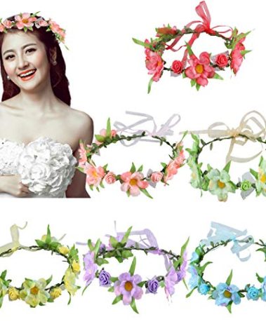 6Pcs Adjustable Boho Flower Crowns with Elastic Ribbon Floral Headbands Garland Bridal Bridesmaid Women Girls Teens Kids Headpiece for Hawaiian Party Wedding Beach Festival