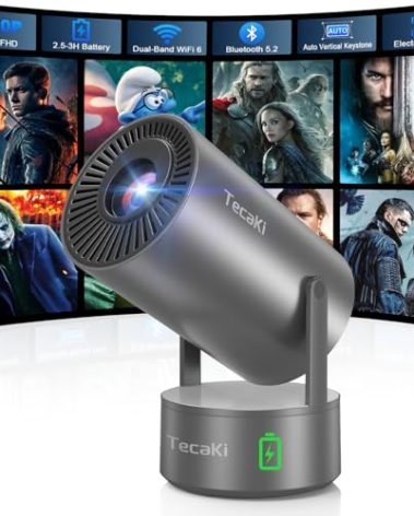 Tecaki Portabler Projector with Built-in Battery, Outdoor Movie Projector for Camping, Backyard, Bedroom, Mini Projector with WIFI and Bluetooth, 180° Rotatable Stand, Auto Keystone, Electric Focus,
