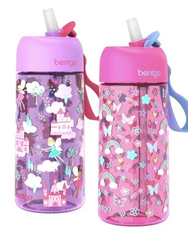 Bentgo Kids Water Bottle 2-Pack - Leak-Proof, Durable Tritan, BPA-Free 15 oz Cup for Kids/Toddlers 3+; Flip-Up Straw; Dishwasher Safe for School/Sports/Daycare/Camp (Rainbows & Butterflies/Fairies)