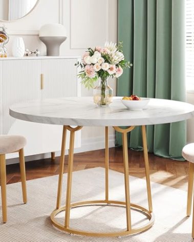 ONBRILL Round Dining Table, 47.24 Inch Kitchen Table for 4-6 People, Wooden Faux Marble Dinner Room Table with Gold Base, Circle Modern Small Table for Home Dining Room Kitchen Restaurant (White)