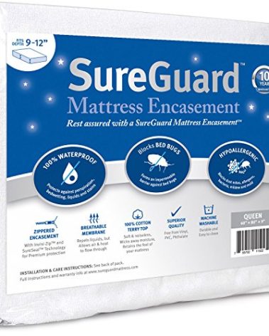 Queen (9-12 in. Deep) SureGuard Mattress Encasement - 100% Waterproof, Bed Bug Proof, Hypoallergenic - Premium Zippered Six-Sided Cover