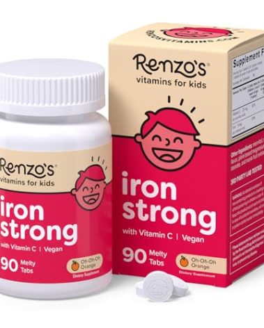 Renzo's Iron Supplements for Kids, Dissolvable Vegan Iron Supplement with Vitamin C, Sugar Free, Oh-Oh-Oh Orange Flavor, 90 Melty Tabs