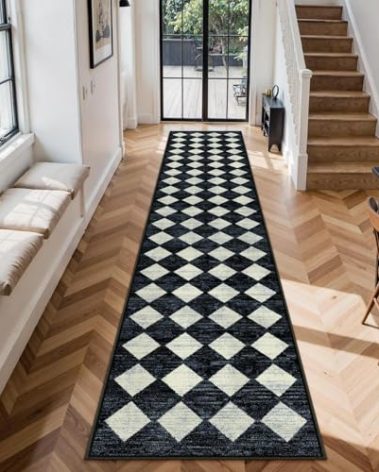 Lahome Checkered Washable 2x12 Runners for Hallways Non Slip, Black Kitchen Bathroom Runner Rugs, Modern Trellis Ultra-Thin Indoor Carpet Runner for Bedroom Dorm Classroom Decor (2'x12',Black)