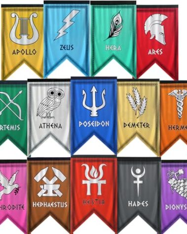 Greek Gods Banners, 14pcs Percy Jackson Cabin Banners, Htabiol Greek Mythology Party Banner, Percy Jackson Cabin Flags, Fit for Percy Jackson Party, Percy Jackson Birthday Party (12"x7.3", Polyester)