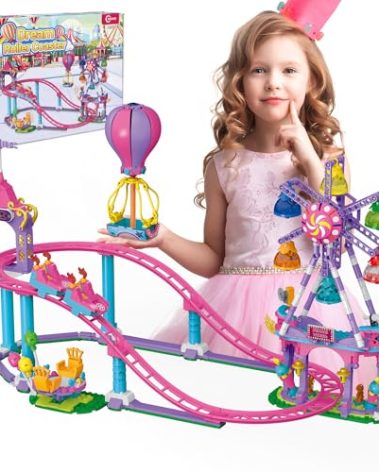AKWME Friends Ferris Wheel Roller Coaster Building Set-723PCS Girls Princess STEM Construction Toys with Balloon Rotating Chairs Playground Building Blocks Kit, Birthday Gift for 6 7 8-12 Year Olds