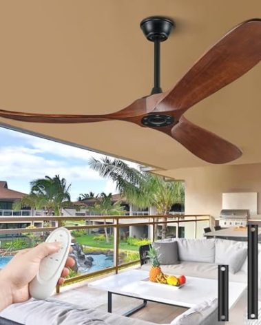 BOOSANT 52" Ceiling Fans Without Lights, Solid Wood Ceiling Fan with Remote Control and DC Motor, Ceiling Fan no Light with 3 Blades, Indoor Outdoor Ceiling Fans for Patios, Bedroom- Dark Walnut