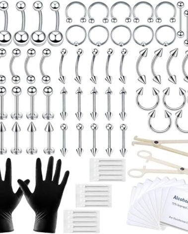 A-minusone 84PCS Body Septum Piercing Kit 14G 16G Tools for Nose Tongue Lip Ear Eyebrow Belly Button Cartilage Tragus Industrial Barbell Helix Daith Piercing Jewelry Clamps