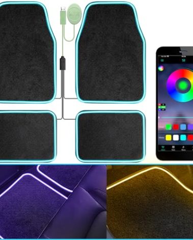 Soft Car Floor Mats With Led Strip Light, Universal Fit Black Automotive Carpet, App Control Interior Car Lights Floor Mats, Anti-Slip Waterproof RGB Car Decor Accessories For SUV, Trucks, Sedan,Jeeps