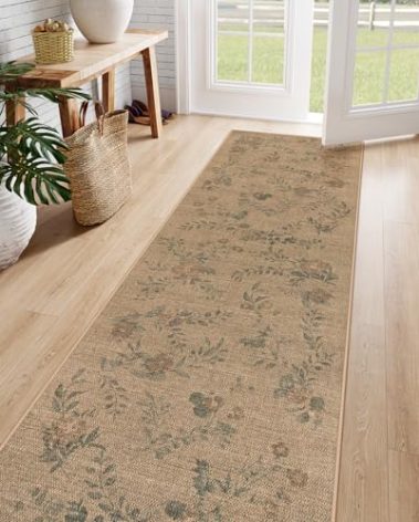 Lahome Floral Easy Jute Hallway Kitchen Runner Rug, 2x8 Outdoor Mat Non Slip Washable Carpet for Entryway, Neutral Indoor Outdoor Runner Rugs Farmhouse Carpet for Hallway 8ft
