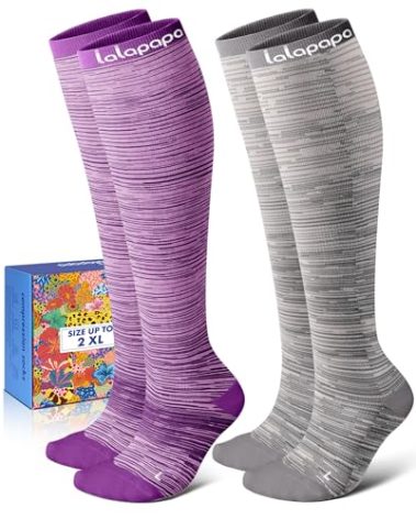 Lalapapa Cotton Compression Socks for Women - 15-20mmHg Cushioned Sole, Soft Breathable for Pregnancy Travel Nurse, Purple and Grey Stripes, S/M