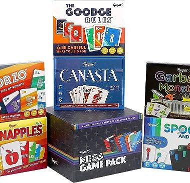 Regal Games Fun Card Games Set for Adults - Canasta, Spoons and a Spork, Garbage Monsters, ScorZo, The Goodge Rules, and Banapples Decks - Fun & Travel Playing Cards for Family Game Night
