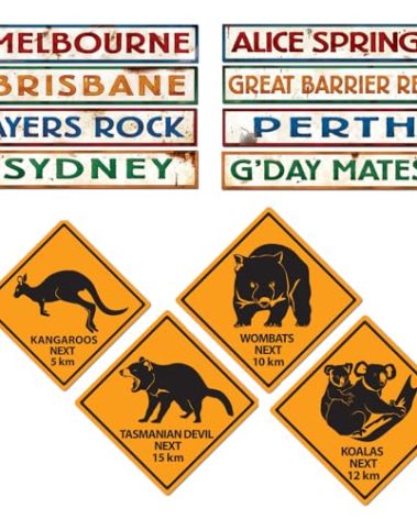 Australia Wall Decorations 4 Outback Street Signs 4 Australian Road Signs - Accents for a Unique Aussie Vibe Featuring Boomerang Kangeroo Koalas Sydney Melbourne