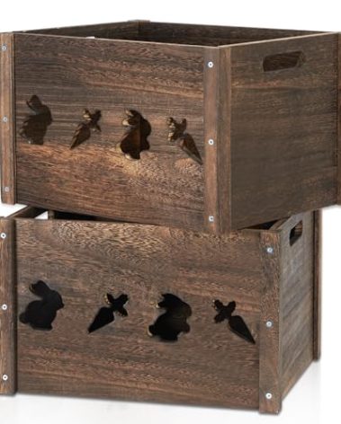 Edergoo Wooden Crates 2 Pack, Hollow Rabbit Wooden Crates for Display & Storage, Farmhouse Handmade Wood Crate with Handles, Rustic Large Decorative Wood Crate Box for Display