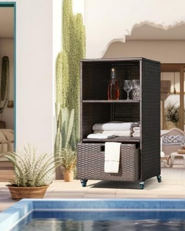 Outdoor Towel Rack for Pool Outdoor Pool Towel Storage Cabinet with Shelf & Drawer Poolside Towels Valet Caddy with Rolling Wheels Wicker Poolside Towels Holder with Cover for Hot Tub Espresso