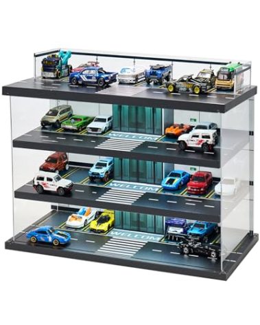 Display Case for Hot Wheels Garage & Matchbox Cars with LED Light, 1/64 Scale Diecast Toy Cars Garage, Storage Case for Hot Wheels, Parking Garage Diorama with 4 Levels Maximum 58 Cars