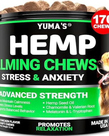 YUMA'S Hemp Calming Chews for Dogs - Advanced Dog Calming Chews - 170 Chews - Anxiety Relief Treats - Separation Aid, Barking, Stress Relief, Thunderstorms - Melatonin - Hemp Oil - Made in USA