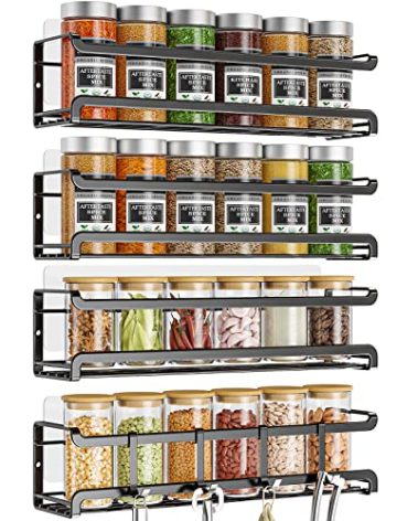 Bunoxea Spice Rack Wall Mounted 4 Pack,Space-Saving Spice Organizer for Spice Jars and Seasonings,Screw or Adhesive Hanging Spice Rack Organizer for Your Kitchen Cabinet,Pantry Door,11.41x2.75x2.75in