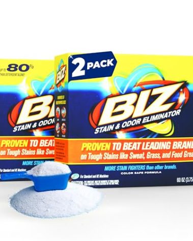 Biz Laundry Detergent Powder Booster, Stain & Odor Eliminator for Tough Stains Like Grass Sweat Chocolate, Enzyme Laundry Booster, 4 Stain Fighters, Color Safe, Fresh Scent, 2 Pack, 120 Oz Total