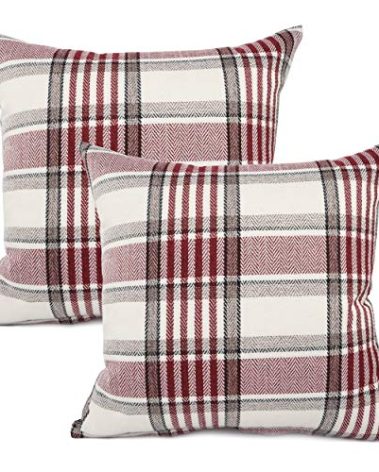 YOUR SMILE Set of 2 Retro Farmhouse Christmas Outdoor/Indoor Buffalo Tartan Chequer Stripe Plaid Cotton Linen Decorative Throw Pillow Case Cushion Cover Pillowcase for Sofa Chair,Red, 20x20inch