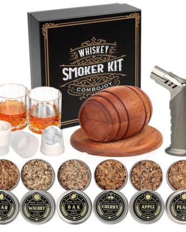 Whiskey Smoker Kit with Torch - 6 Flavors Wood Chips, 2 Glasses, 2 Ice Ball Molds - Cocktail Smoker Infuser Kit, Old Fashioned Drink Smoker Kit, Birthday Bourbon Whiskey Gifts for Men,Dad(NO Butane)