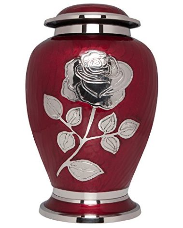 Silver Rose Cremation Urn - Funeral Urn with Large Flower on Red Enamel - Burial Urn for Human Ashes Adult Size - 100% Brass