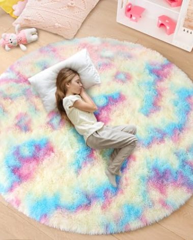 junovo Round Rug 3x3 Feet Fluffy Soft Area Rugs for Kids Girls Room Princess Castle Plush Shaggy Carpet Cute Circle Nursery Rug for Kids Girls Bedroom Baby Room Home Decor Circular Carpet,Rainbow