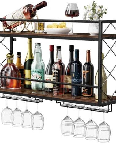 NEYCIL Wine Rack Wall Mounted 2 Tier Wall Wine Rack with Glass Holder, Double Layer Anti-Drop Crossbar, 31.5" Metal Wood Wall Mount Wine Holder for Home Kitchen Dining Room Coffee Shop Bar, Black