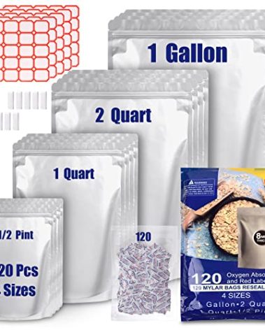 120 Mylar Bags for Food Storage with Oxygen Absorbers 300cc, 8 Mil 1Gallon 10"x14", 7.5"x11.5", 6"x9", 4.3"x6.3" Stand-Up Zipper Resealable Bags & Heat Sealable Food Storage Bags + Labels