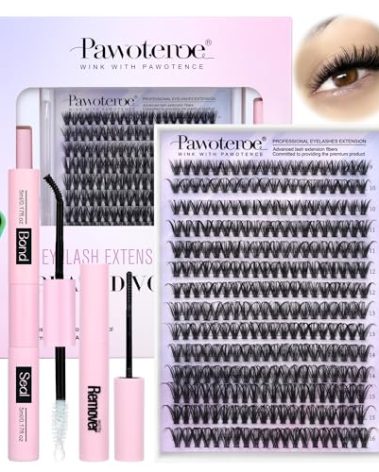 Pawotence Lash Extension Kit DIY 280pcs Individual Lash Clusters Kit 9-16mm 40D Cluster Eyelash Extension Kit with Lash Bond and Seal, Lash Remover, Lash Tweezers for Self Use (40D, 9-16mm, All Kit)