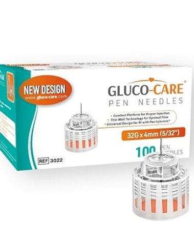 GLUCO-CARE Plus Pen Tips 32G x 5/32’’ (4mm), Universal Fit, Optimal Skin-Contact Base for Comfort, Sterile, 100/bx
