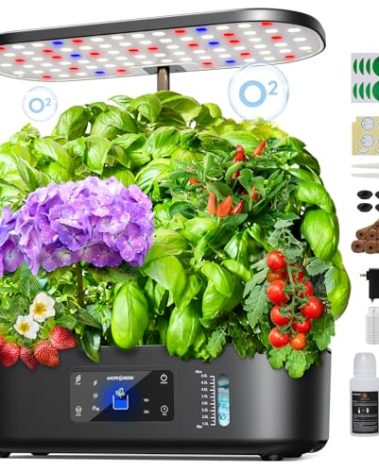 Ahopegarden Hydroponics Growing System Kit Indoor Herb Garden with Grow Light 12 Pods, with LCD Touch Panel Hydroponic Planter, Planting Height Up to 17", Grower Harvest Fresh Veggie Lettuce, Black