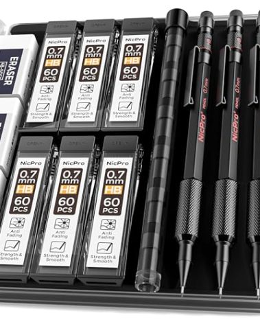 Nicpro 0.7 mm Mechanical Pencil Set with Case, 3PCS MP2000 Metal Artist Mechanical Pencil With 6 Tube HB Lead Refills, Eraser, Weatherproof Barrel for Outdoor Writing Drafting Drawing Sketching