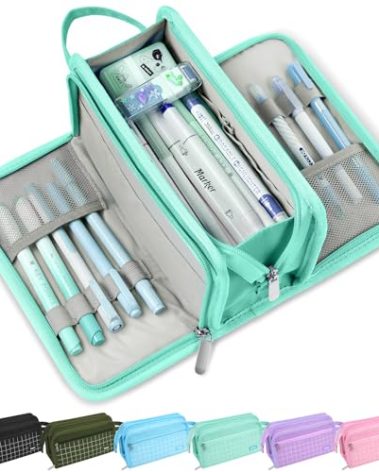 Sooez Large Pencil Case, Big Capacity Pencil Pouch Pen Bag with 3 Compartment, Portable Canvas Stationery Organizer with Zipper, Cute Aesthetic School Supplies for Teen Girls, Celadon with Plaid