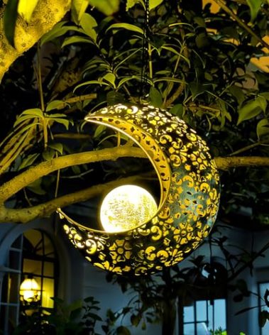 QCF Solar Garden Hanging Moon Lights Outdoor Decor,Metal Lanterns Art Decorations for Outside Yard Lawn Patio Wall Fences Driveway Trail,Unique Housewarming Gardening Gifts for Women Mom